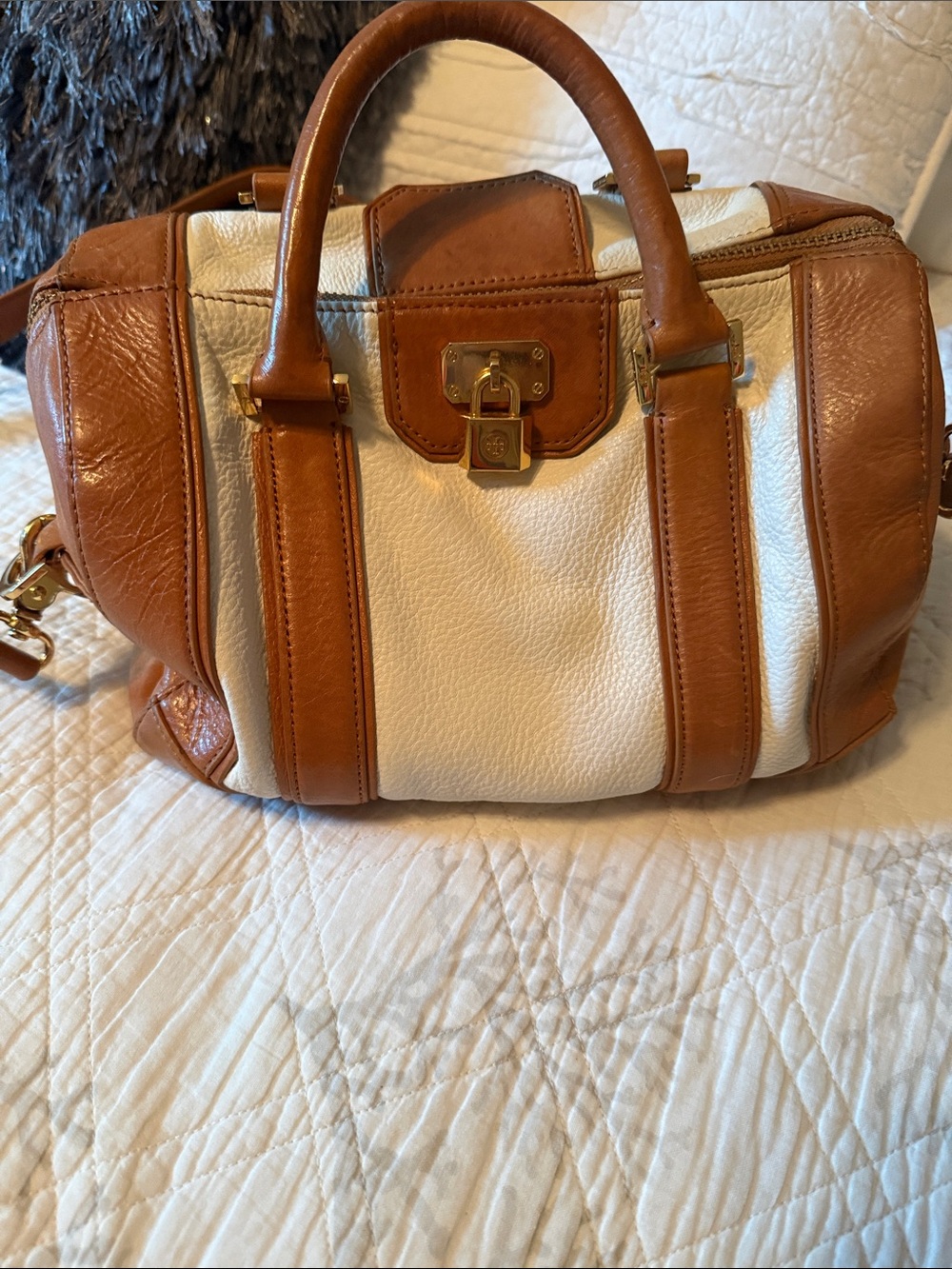 Tory Burch Cream and Tan Leather Crossbody Satchel